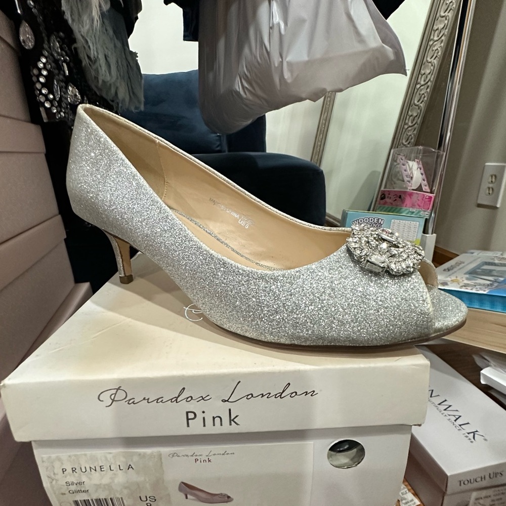 Pink Paradox London Silver Heels with Crystal Embellishments